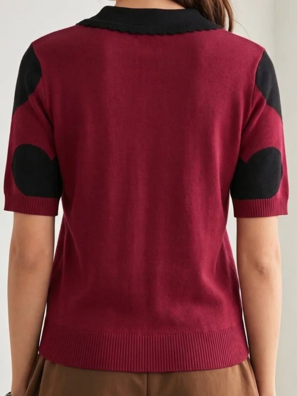 Doll Collar Heart Color Block Short Sleeve Sweater - Picture 3 of 5